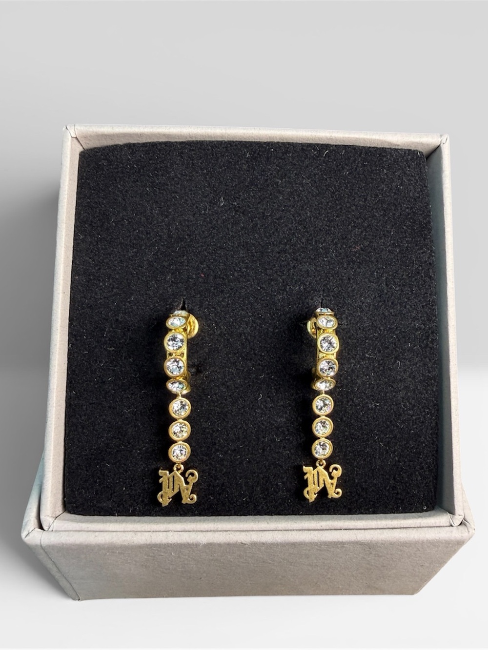 Authentic Palm Angels Gold Pendant Earring Crystal Drop with Monogram Charm